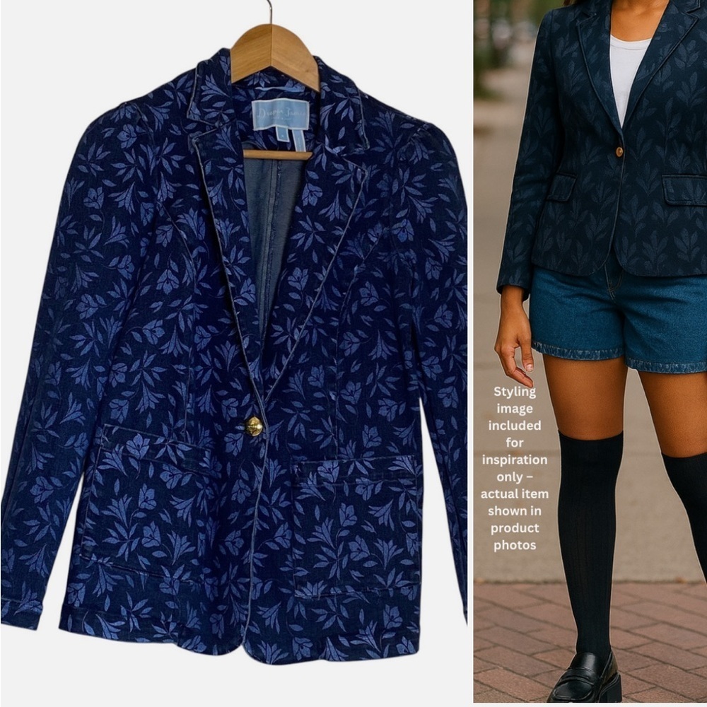 Draper James Floral Denim Blazer Gold Button Preppy Office Southern Charm